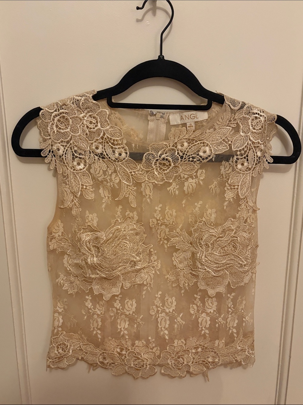 ANGL Sheer Lace Appliqué Sleeveless Camisole in Beige